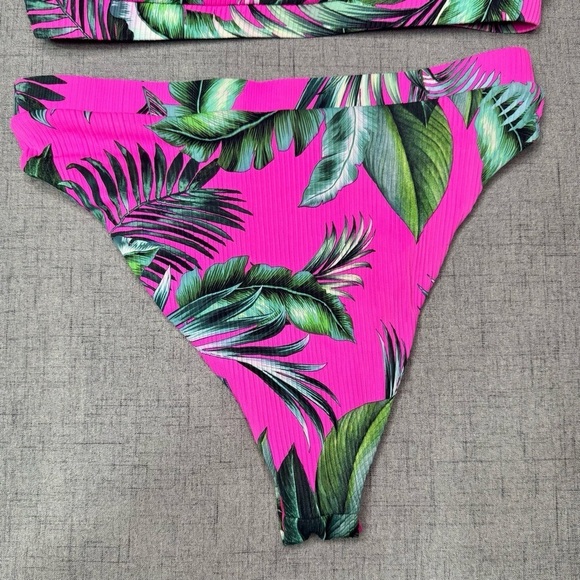 Tropical Leaf Print Ribbed Cheeky Bikini Set Hot Pink Green Medium - Picture 9 of 12